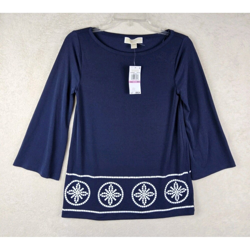 Michael Kors Women’s 3/4 Sleeve Embellished Tunic Top Navy Size XXS